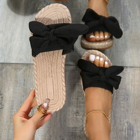 

Cathalem Sock Slippers for Women Leather Bottom Leisure Roman Style Weave Women s Bow Solid Color Summer Christmas Slippers Women Black 6.5
