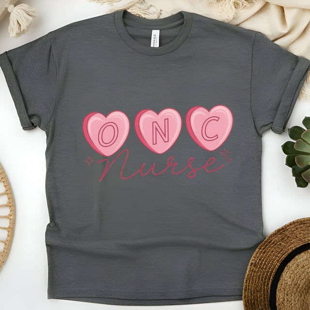 ONC Nurse Graphic T-Shirt with Pink Heart Letters Design, Dark Heather, Size S