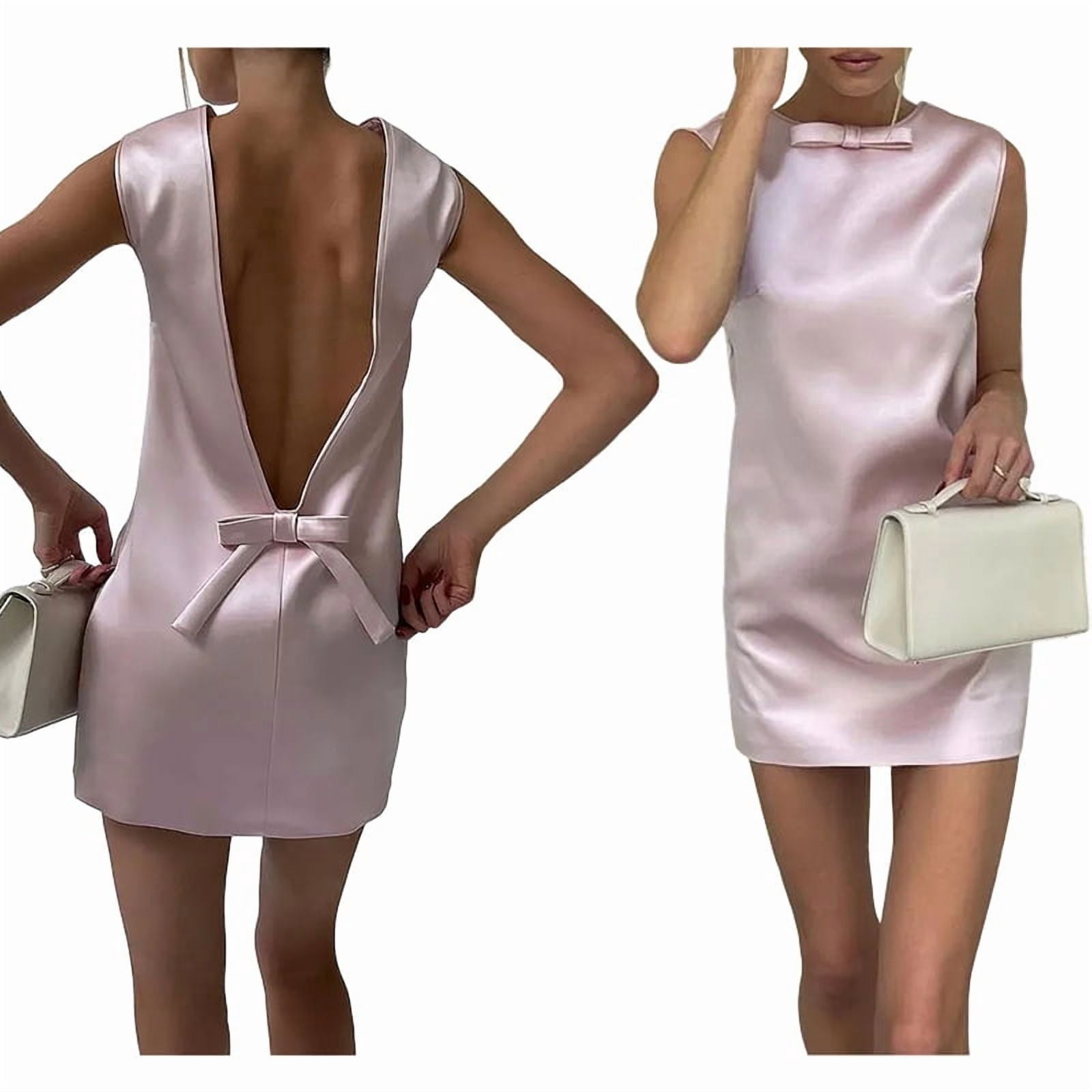 Women'S Satin Backless Round Neck Sleeveless Party Mini Dress Pink S