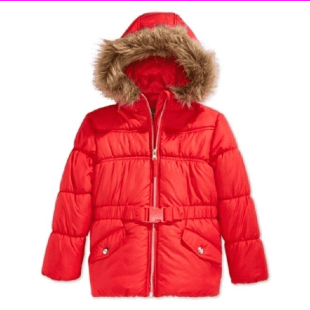 S. Rothschild Little Girls' Belted Puffer Coat with Faux Fur Trim Size