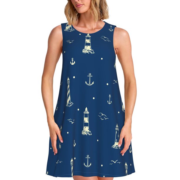 Fotbe Lighthouses and Anchors Vestido de Verano sin Mangas para Mujer – Vestido Midi Línea A, Estilo Camiseta Floral, Vestido Playero Casual y Fluido