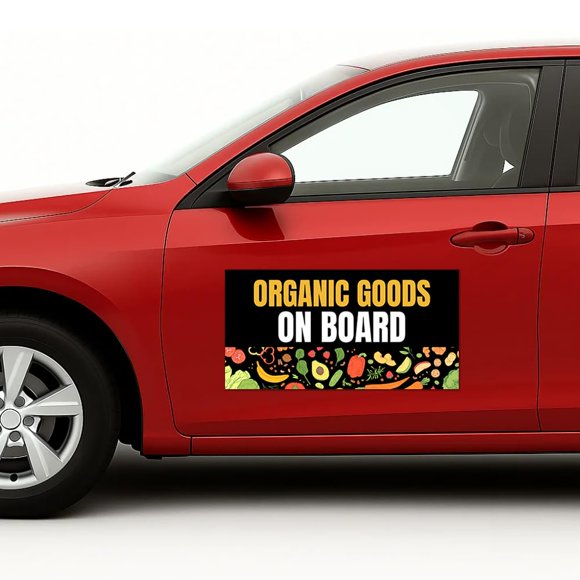 Enseigne Magnétique de Voiture « Organic Goods On Board » par DC / Feuilles Magnétiques Flexibles pour Voiture avec Endos Adhésif / Autocollant Aimant Pare-Chocs 10"x20 Pouces pour Véhicules, Camions et Enseignes Publicitaires d'Affaires/ 2 Pcs / Fabriqué aux É.-U.