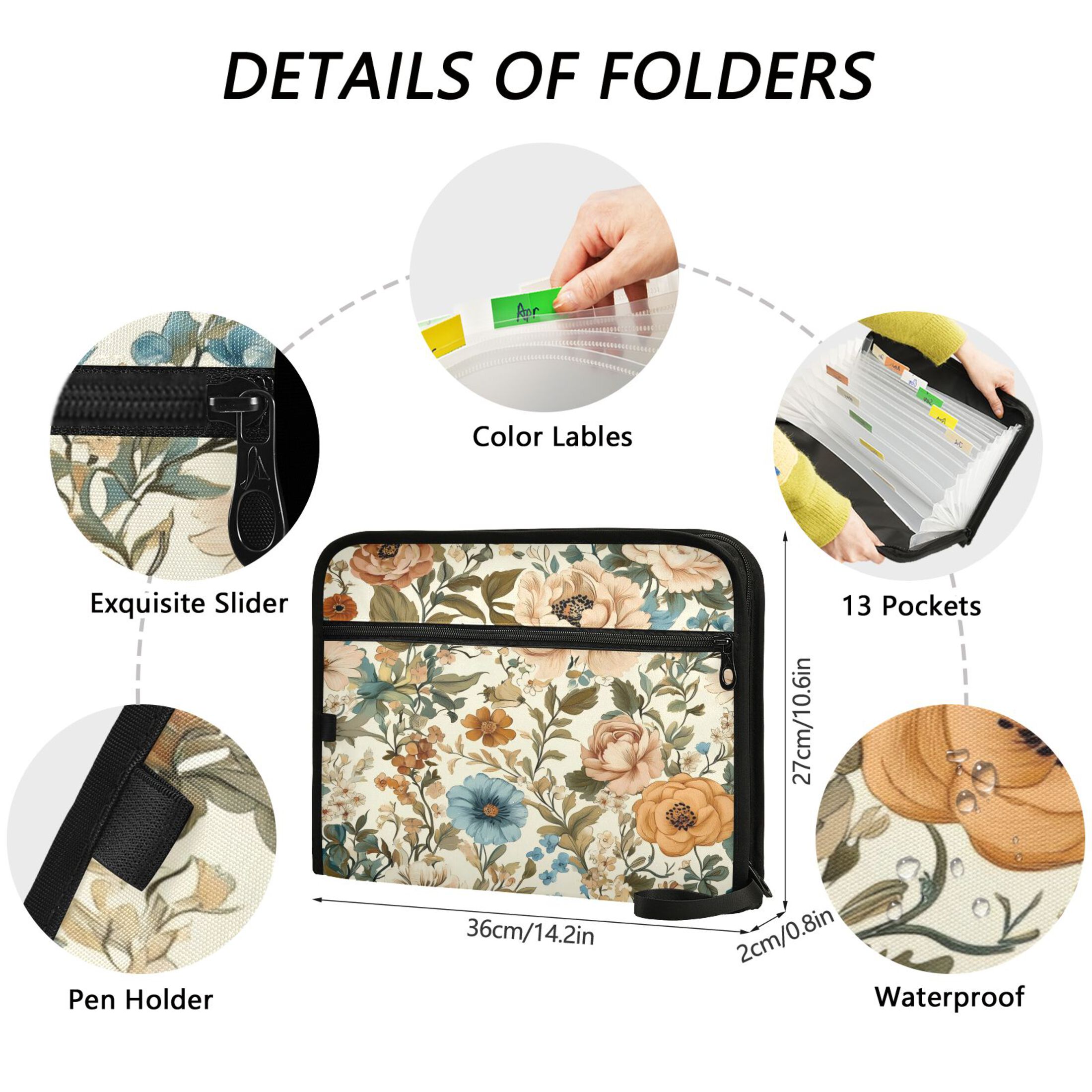 Accordion File Organizer with Zip Closure 13 Pockets Expanding File Folder Letter A4 Paper Document Organizer for Home Office Beautiful Vintage Floral