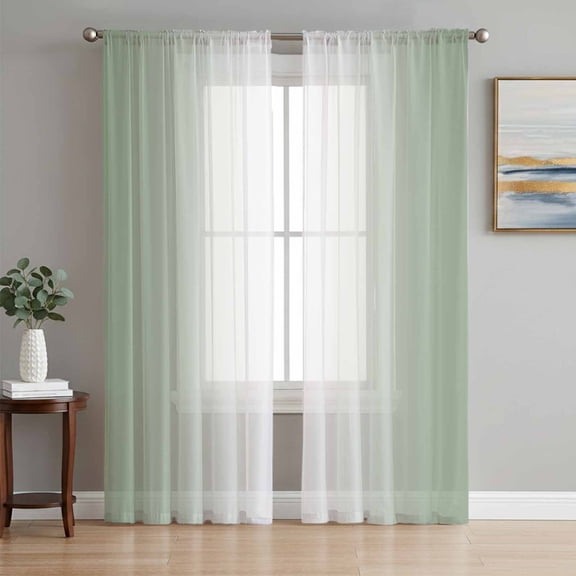 Sage Green Ombre Semi Sheer Window Curtains 96 Inches Long, Sage Green White Gradient Modern Rod Pocket Voile Silky Chiffon Curtain Light Filtering Drapes for Living Room, Kitchen, 52"x96", 2 Panels