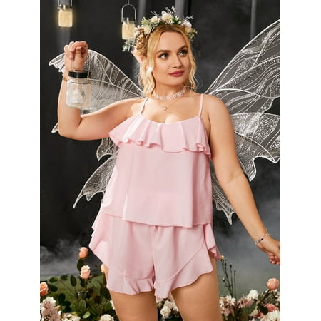 

Baby Pink Casual Women s Plus Ruffle Trim Cami Pajama Set 2XL(16) Y22001D