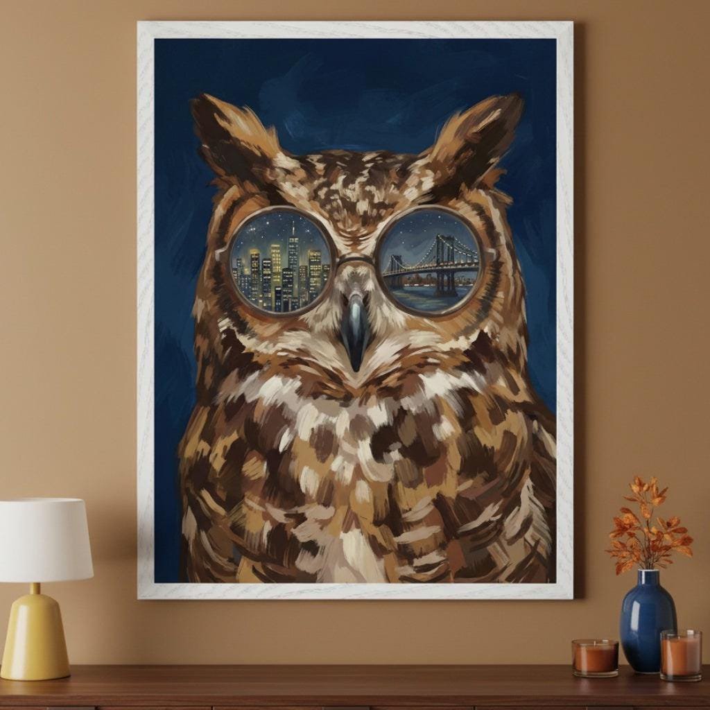 Nocturnal Owl City Skyline Glasses Urban Wildlife Owl Wearing Glasses Night City Decorative Nursery Poster , Poster Print Only