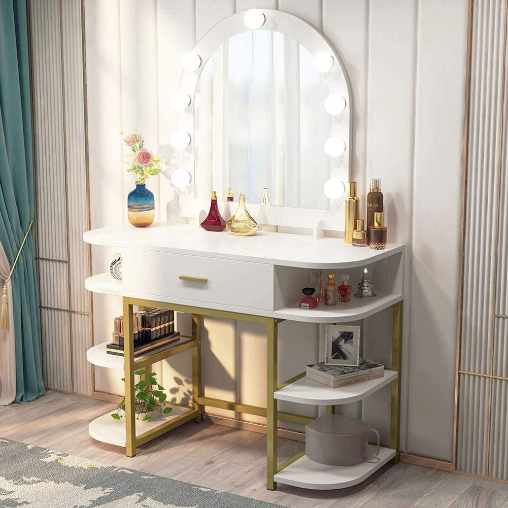 Tribesigns Large Vanity Table With Lighted Mirror And Drawer Bedroom Makeup Table With 9 Lights And 6 Storage Shelves Dressing Table Dresser Desk For Woman Girls White And Gold Walmart Com Walmart Com