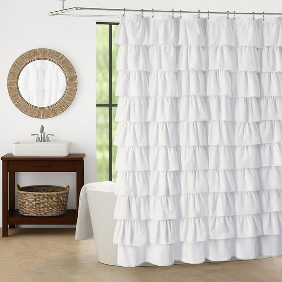 JJCOITR White Ruffle Shower Curtains for Bathroom, Farmhouse Fabric Cute Ruffled Chic Shower Curtain, 72" W x 72" L
