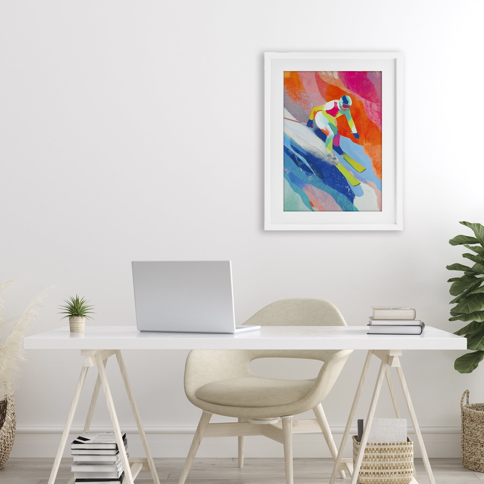 Stupell Industries Skiing Down Neon Slopes White Framed Print Under Glass, design by Chromatic Storm Studio