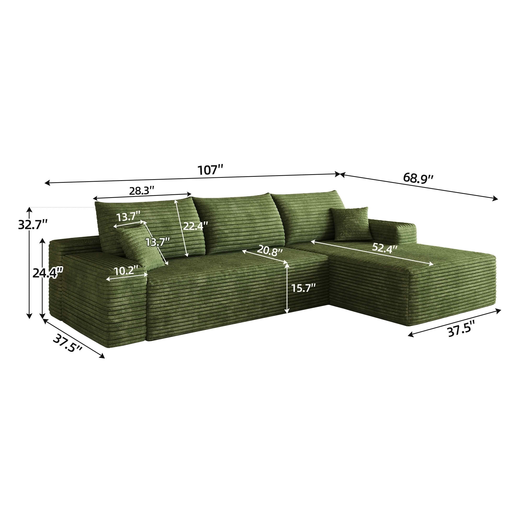MAYEERTY 107 Inch L‑Shape Cloud Sectional Couch with Chaise, Modern Modular Deep‑Seat Sofa, Plush Corduroy Upholstered Couch, No Assembly Required for Living Room Bedroom Apartment