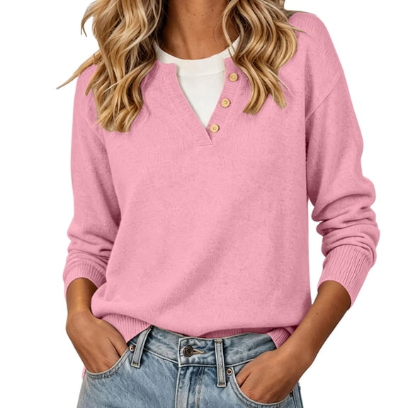 CHGBMOK Women Plus Size Henley V Neck Sweater Button Long Sleeve Pullover Tops Loose Fit Ribbed Cuff Casual Knitted Blouse