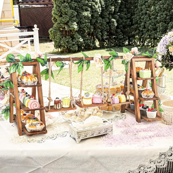 Upgraded Large Wooden 3 Tier Swing Cupcake Stand with Flower Decor, Removable Trays, Foldable Ladder Display for Cake, Snacks, Fruit, Bread, Party & Catering Centerpieces