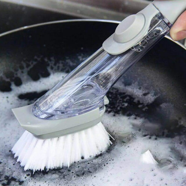 Cepillo automático para platos con dispensador de jabón - Cepillo gris para fregadero de cocina con 3 cabezales reemplazables para ollas, sartenes y utensilios