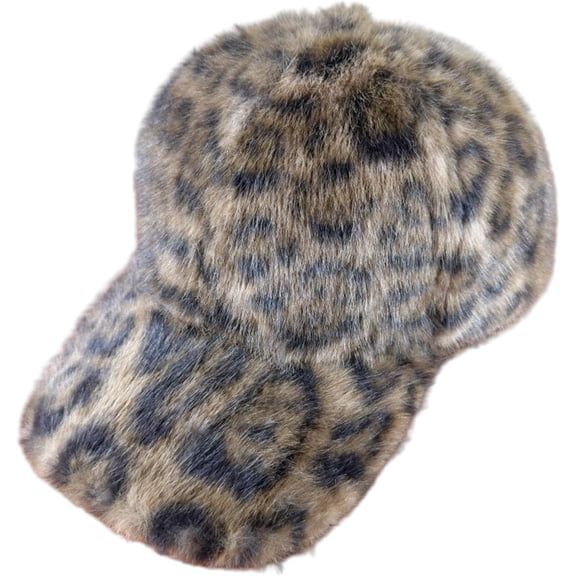 Kukuzhu Faux Fur Leopard Print Baseball Cap, Winter Warm Plush Leopard Hat, Adjustable Unisex Curved Brim Dad Cap for Cold Weather