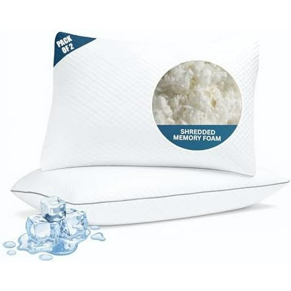 Cooling Bed Pillows for Sleeping (Set of 2, Queen Size) Shredded Memory Foam Pillows with Washable Polyester Pillowcase – Hypoallergenic Adjustable Cool Pillow for Side, Back & Stomach Sleepers