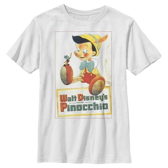 Boy's Pinocchio Retro Movie Poster  Graphic Tee White Large
