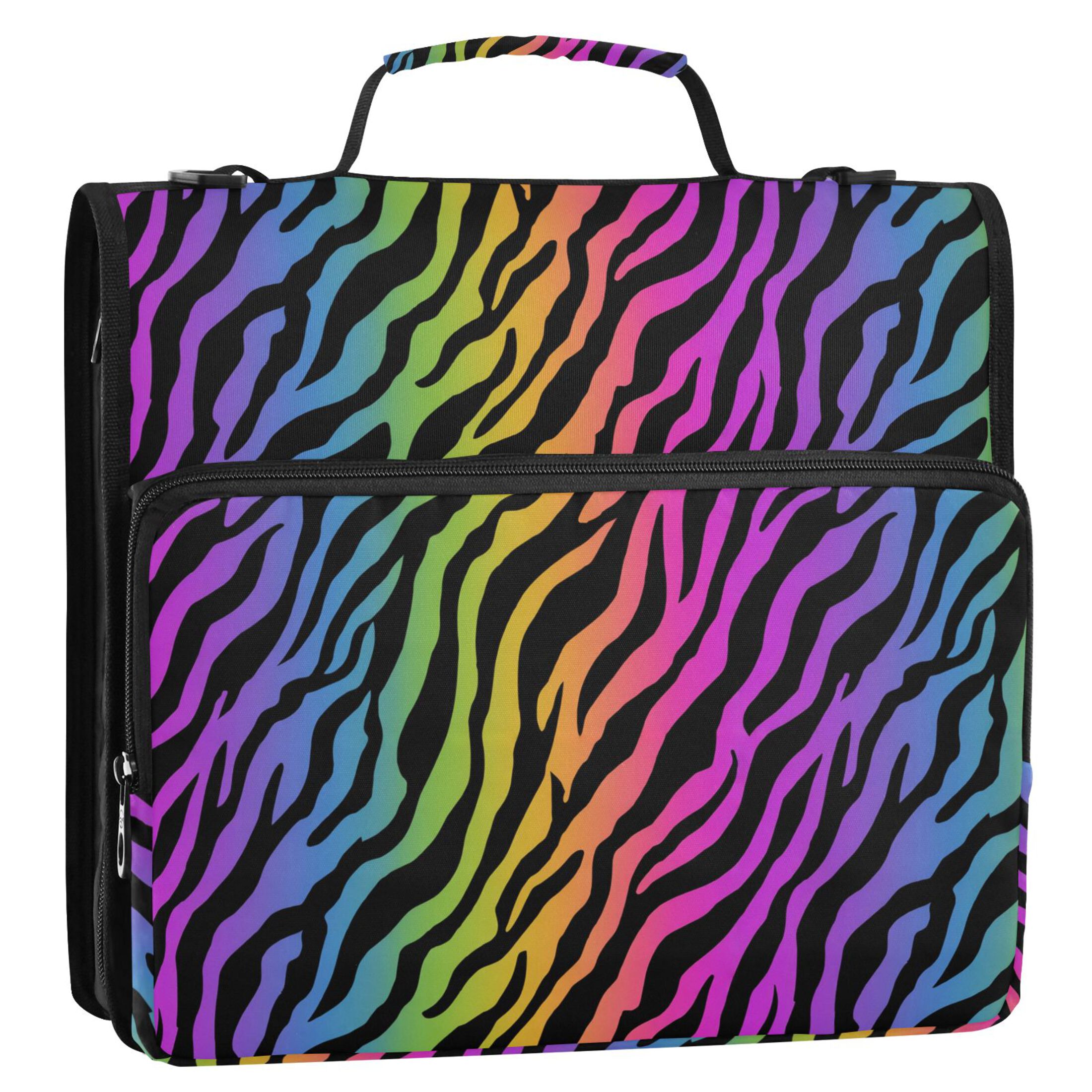 Zipper Binder Rainbow Zebra Stripes 1.5 Inch Binder Folder Bag with Shoulder Strap and Handle
