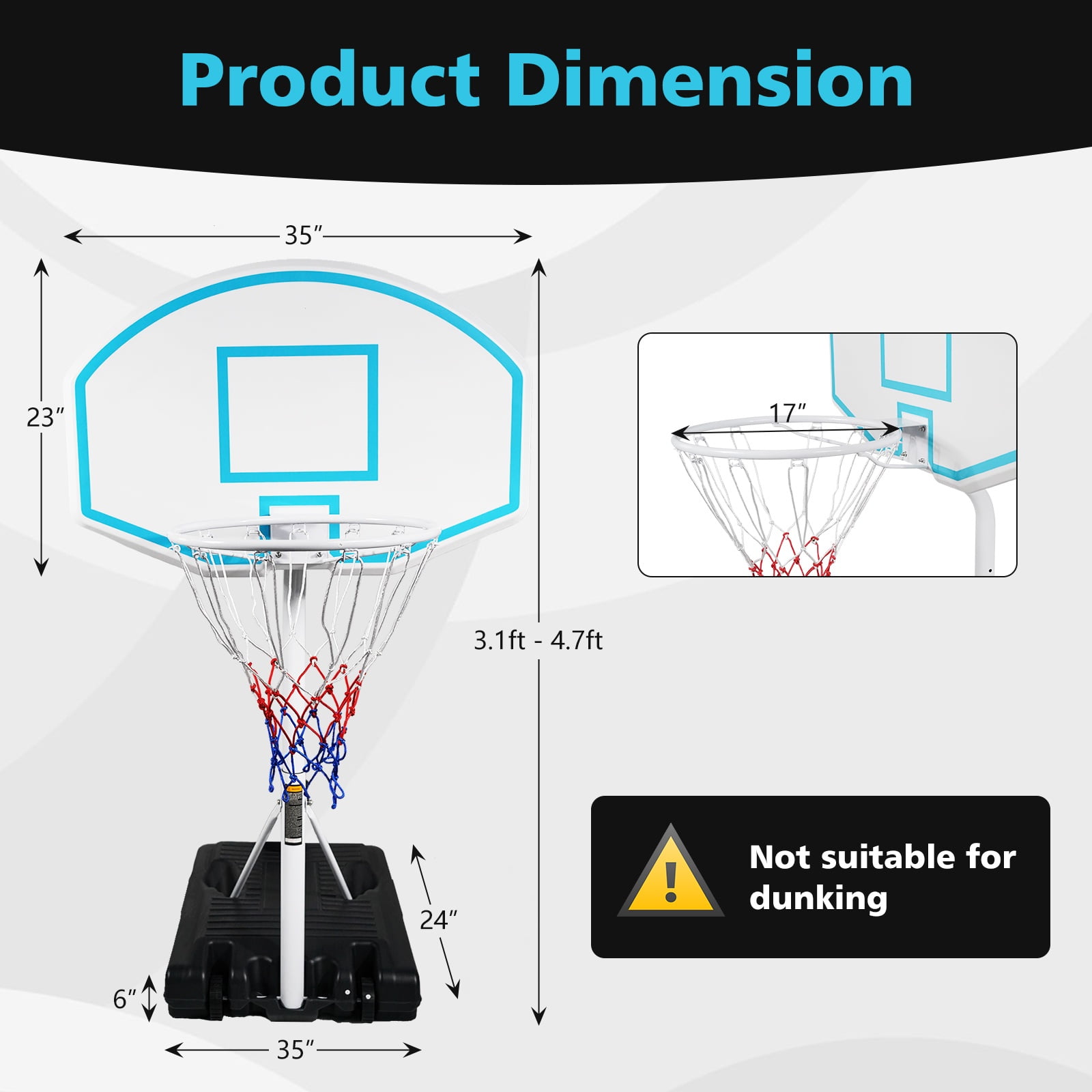 Pool Basketball Stand, Portable Basketball Goal for Pool with Wheels, Kids Junior Adults Basketball Stand Water Game, Poolside Mini Hoop Adjustable Height 2.9-3.9ft, Max 7# Ball, Black