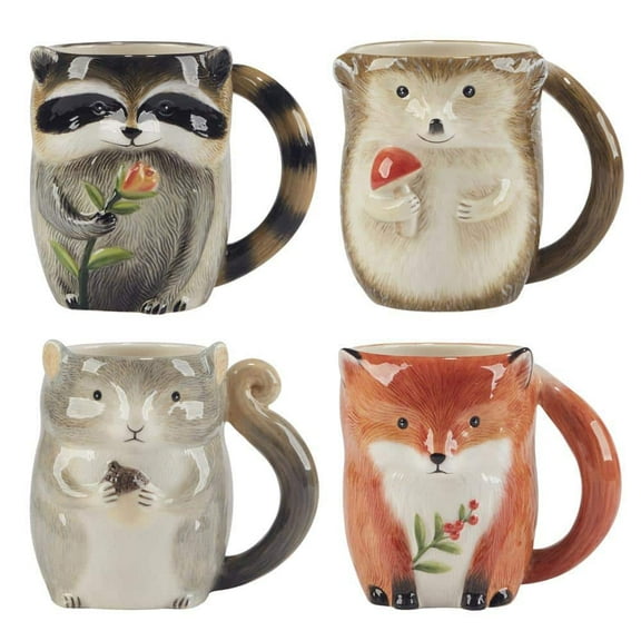 16 Oz. Multi-Colored Earthenware Woodland Critters Beverage 3-D Mugs (Set of 4)