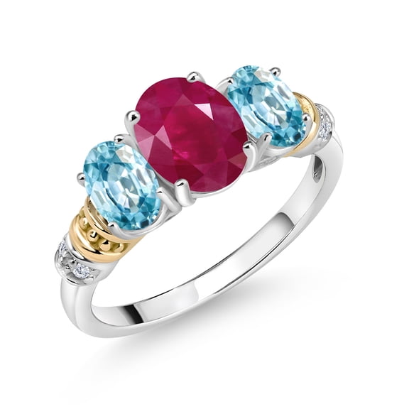 Gem Stone King 925 Sterling Silver and 10K Yellow Gold Oval Red Ruby Blue Zircon and White Diamond 3 Stone Ring for Women (2.93 Cttw, Gemstone July Birthstone, Size 7)