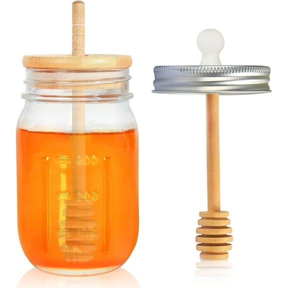 16oz Glass Honey Jar with Dippers  Set,Honey Pot with Dipper and Lid,Honey Containers for Airtight Syrup Dispenser for  Kitchen