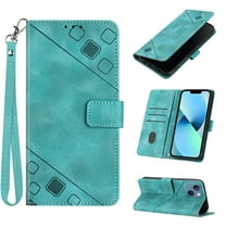 Feishell for Apple iPhone 15 Plus 6.7 inch Wallet Case with Wrist Strap,Flip Cover with Embossed Pattern PU Leather Kickstand Credit Card Slots Magnetic Clasp Folio Purse Phone Case,Green