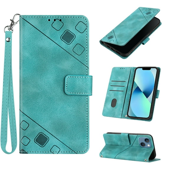 Feishell for Apple iPhone 14 6.1 inch Wallet Case with Wrist Strap,Flip Cover with Embossed Pattern PU Leather Kickstand Credit Card Slots Magnetic Clasp Folio Purse Phone Case,Green