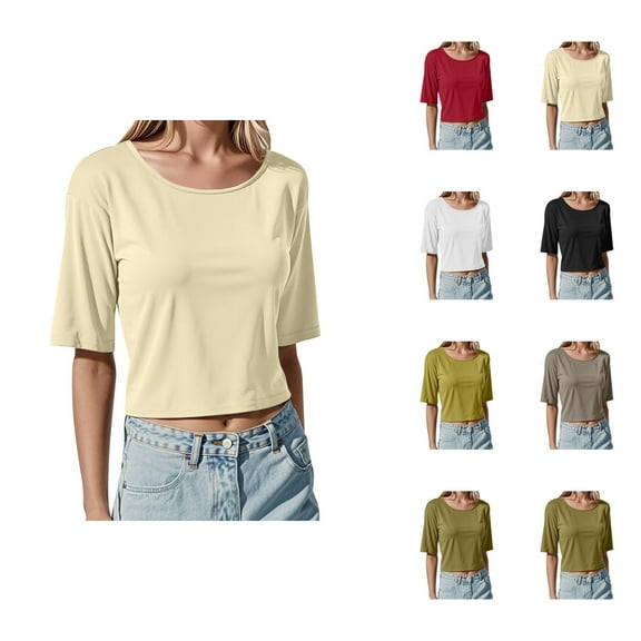 Womens T Shirts Summer Tops 2025 Short Sleeve Crewneck Ribbed Knit Cropped Slim Fit Tees Tshirts Shirts for Women