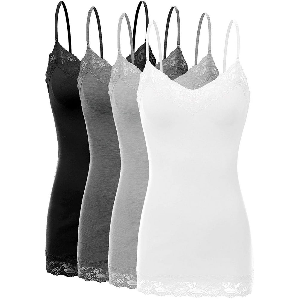 Bozzolo - Women's Junior & Plus Adjustable Spaghetti Strap Lace Trim Tunic Tank Top - (4 Pack