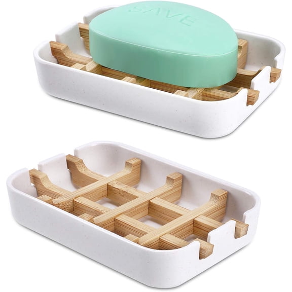 Bamboo Soap Dish for Shower - Bar Soap Holder with Drainage Tray for Bathroom, Kitchen Sink and Bathtub - White Wooden Soap Tray, Easy Clean Design