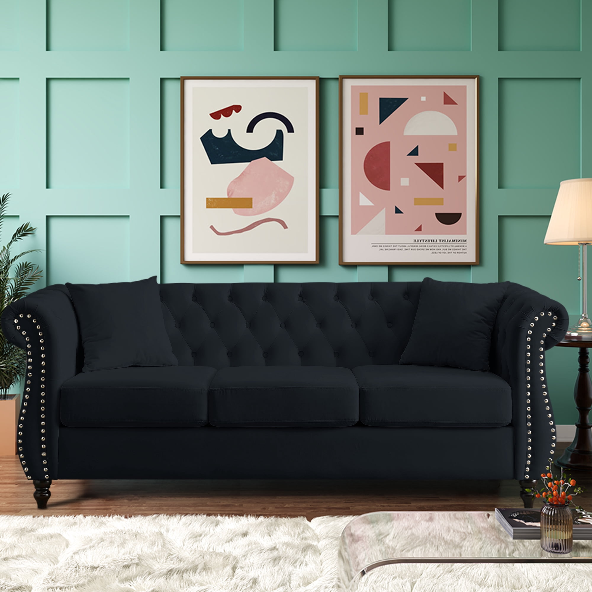 Mid-Century 80"L Couch, 3-Seat Couches and Sofas, Upholstered Sofa with Thicked Cushions, Modern Sofa with Wood Legs, Heavy Duty Couch Furniture for Home Living Room, 80"L x 29"W x 30"H, Black