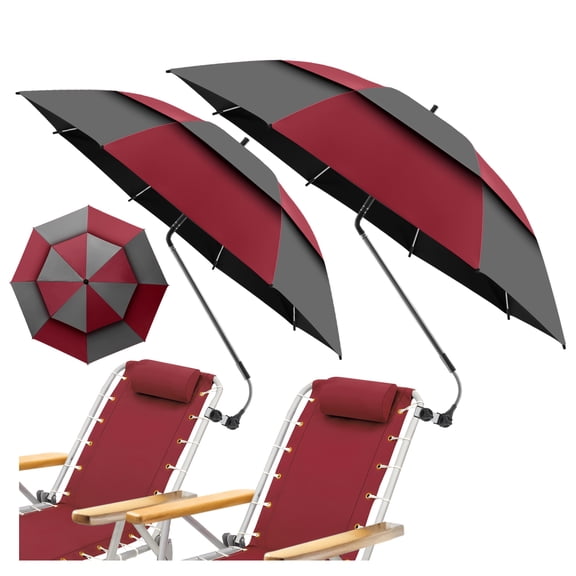 2 Pack 48.6" Double Canopy Umbrella with Clamp, UPF50  Beach Chair Umbrella with clip, 360°Adjustable Portable Outdoor Wheelchair, Patio, Golf Carts,Camping(Grey / Wine Red, Not Include Chair)