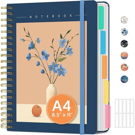 8.5"×11" Hardcover 5 Subject Spiral Notebook, College Ruled with Removable Dividers & Tabs, 280 Pages for Study and Office Use