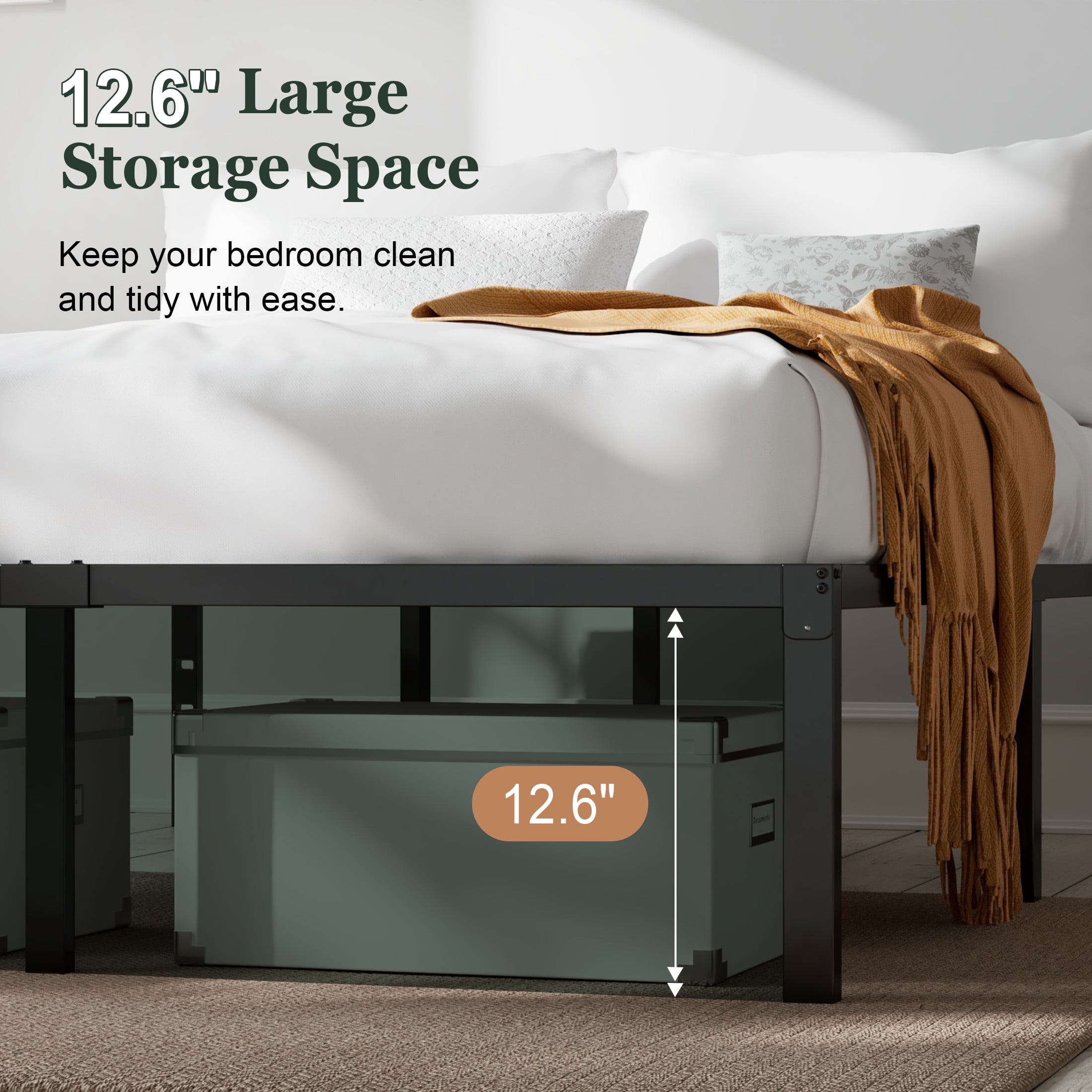 Amolife Heavy Duty Queen Size 14'' Metal Platform Bed Frame with Ample Under-bed Storage Space, Black