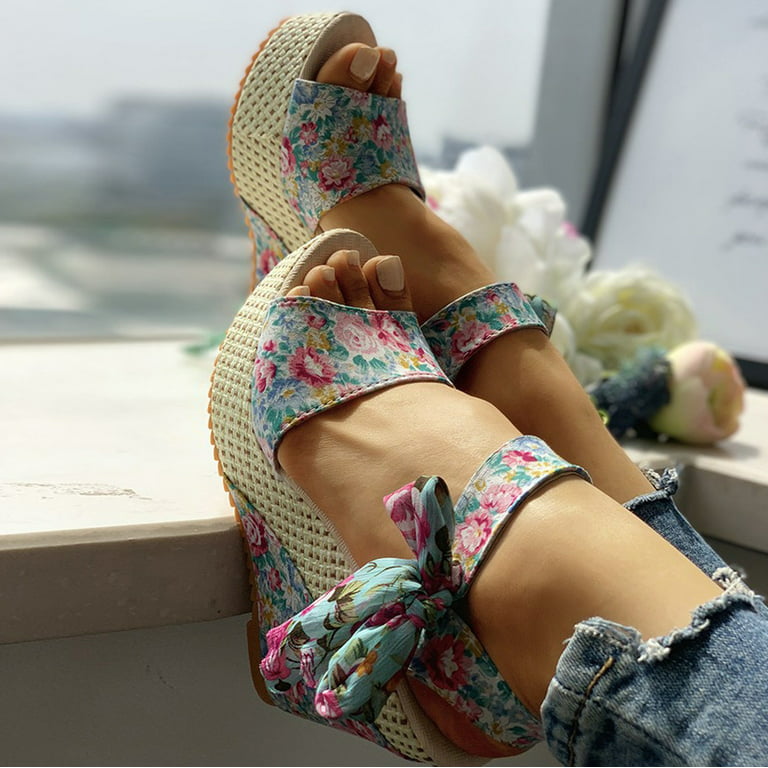 Women's Ladies Platform Wedges Heel Sandals Floral Flower Lace-up Shoes  Footwear Blue 6.5-7(37)
