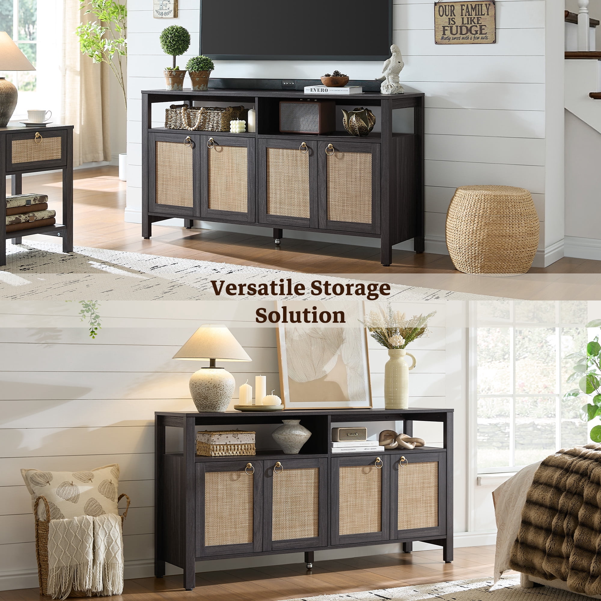 SICOTAS Boho TV Stand for TVs up to 65", Rattan 29.5" Tall Entertainment Center with Storage Cabinets & Adjustable Shelves , TV Console Table Set of 2 for Living Room, Black Oak
