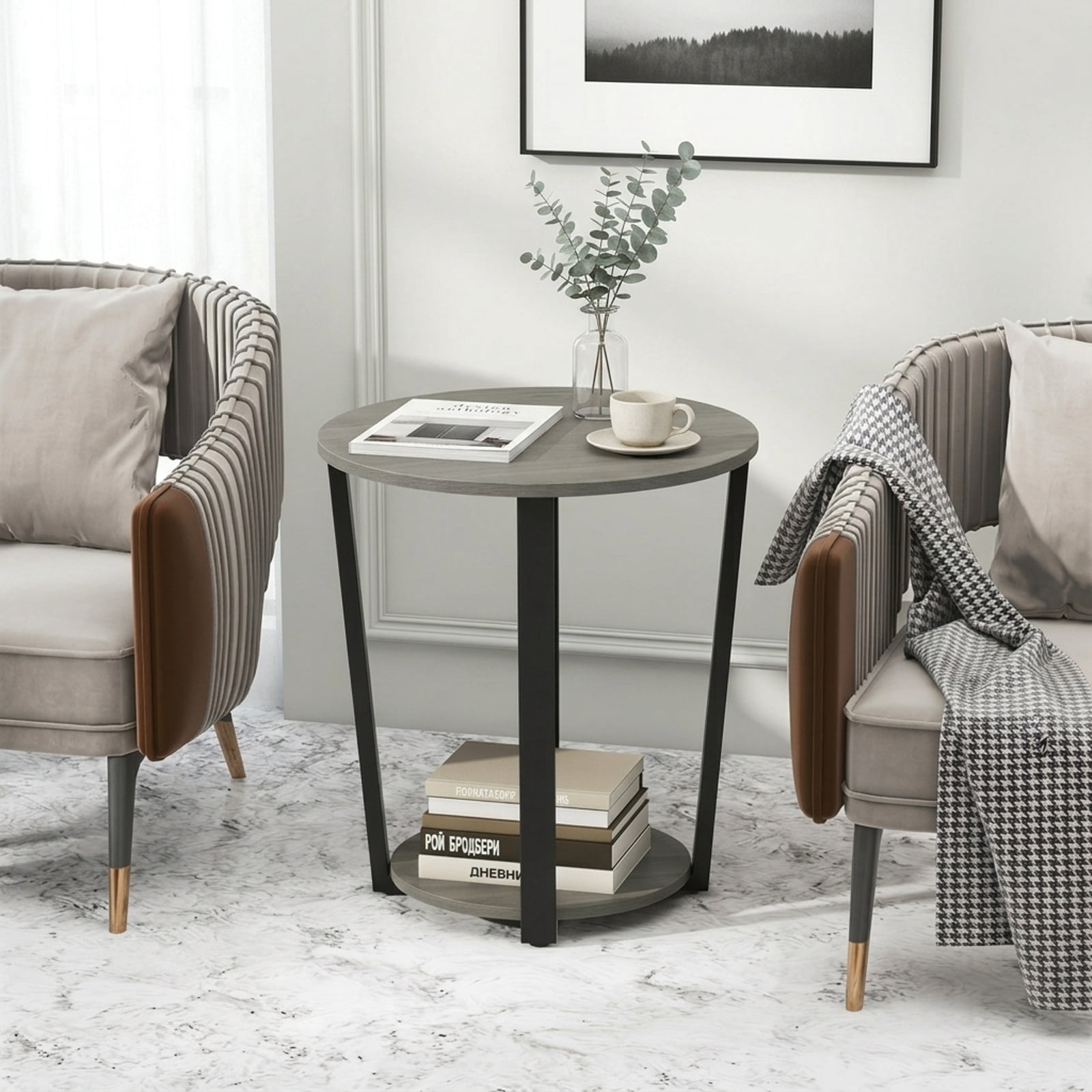 Furnibear 2 Tier Round End Table with Storage Shelf and Metal Frame for Living Room Bedroom and Office Nightstand Side Table, Oak