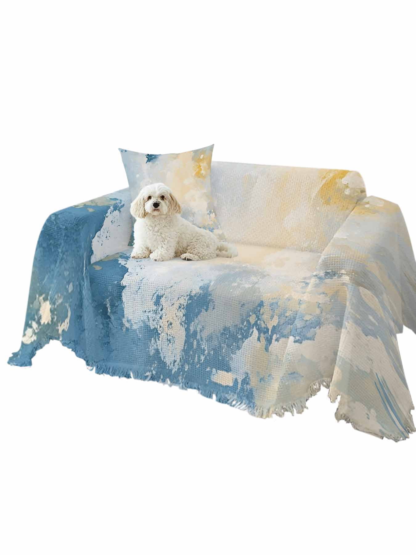 Blue Yellow Couch Cover for 2 Cushion Couch, Modern Vintage Oil Painting Abstract Washable Love Seat Sofa Covers Slipcover, Throw Sofa Covers for Pets, Furniture Protector 71"x102"