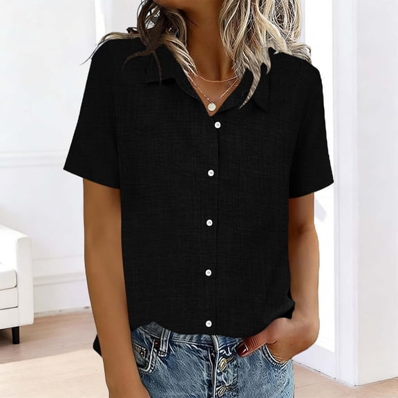 Ailaofu Women's Solid Color Short Sleeve Button Down Lapel Top Casual Fashion Blouse with Functional Pockets