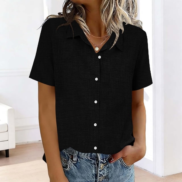 TaTaai Women's Casual Pocket Blouse Short Sleeve Button Front Lapel Collar Solid Color Top Soft Lightweight Comfy Spring Summer Daily Beach Wea Gift