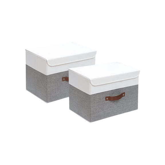 2 Pack Collapsible Storage Cubes with Lid, Linen Fabric Wardrobe Baskets, White&Grey