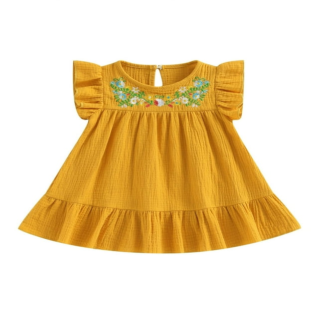 Filles Tout-Petits Volant Manches Ras du Cou Broderie Florale Robe de Princesse