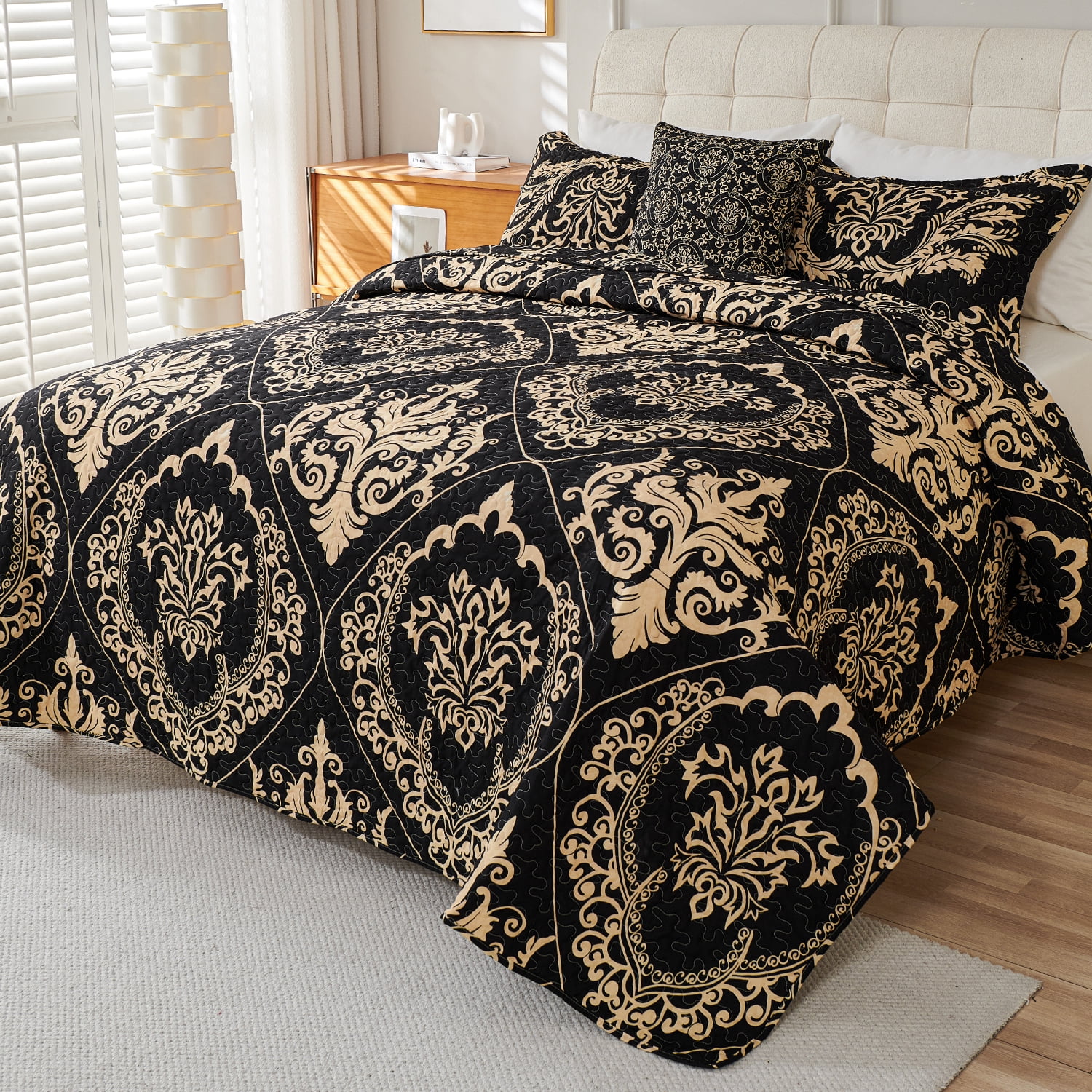 Evenhug Quilt Set 3-Piece Queen Damask Bedding Set Microfiber Floral Quilt Bedding Set With 2 Pillow Shams