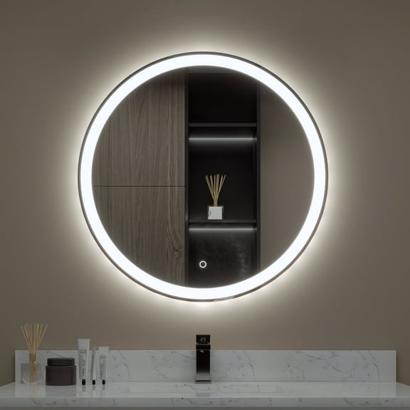 Sinber 32" Round Makeup Vanity Wall LED Bathroom Mirrors with Illuminated Light and D-Fog