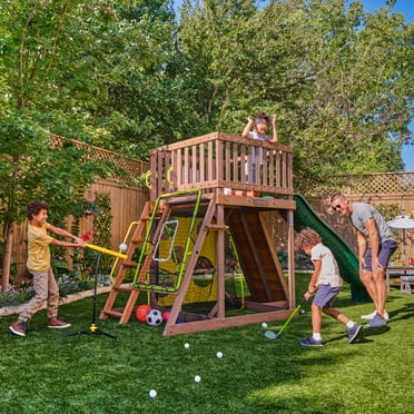 KidKraft All-in-One Sports Adventure Wooden Outdoor Playset with Rock Wall, Basketball Goal and Sports Equipment