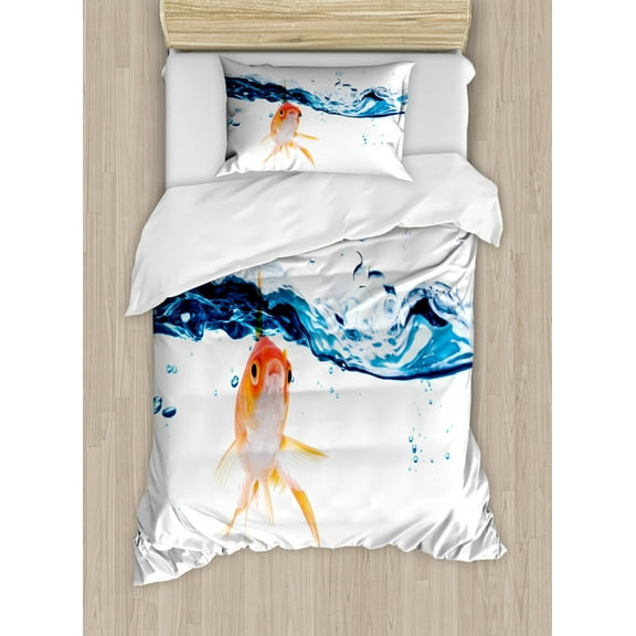 Fish Twin Size Duvet Cover Set, Goldfish Swimming Under Surface of Clear Water Fishbowl Liquid Motion Abstract Style, Decorative 2 Piece Bedding Set with 1 Pillow Sham, Blue Orange, by Ambesonne