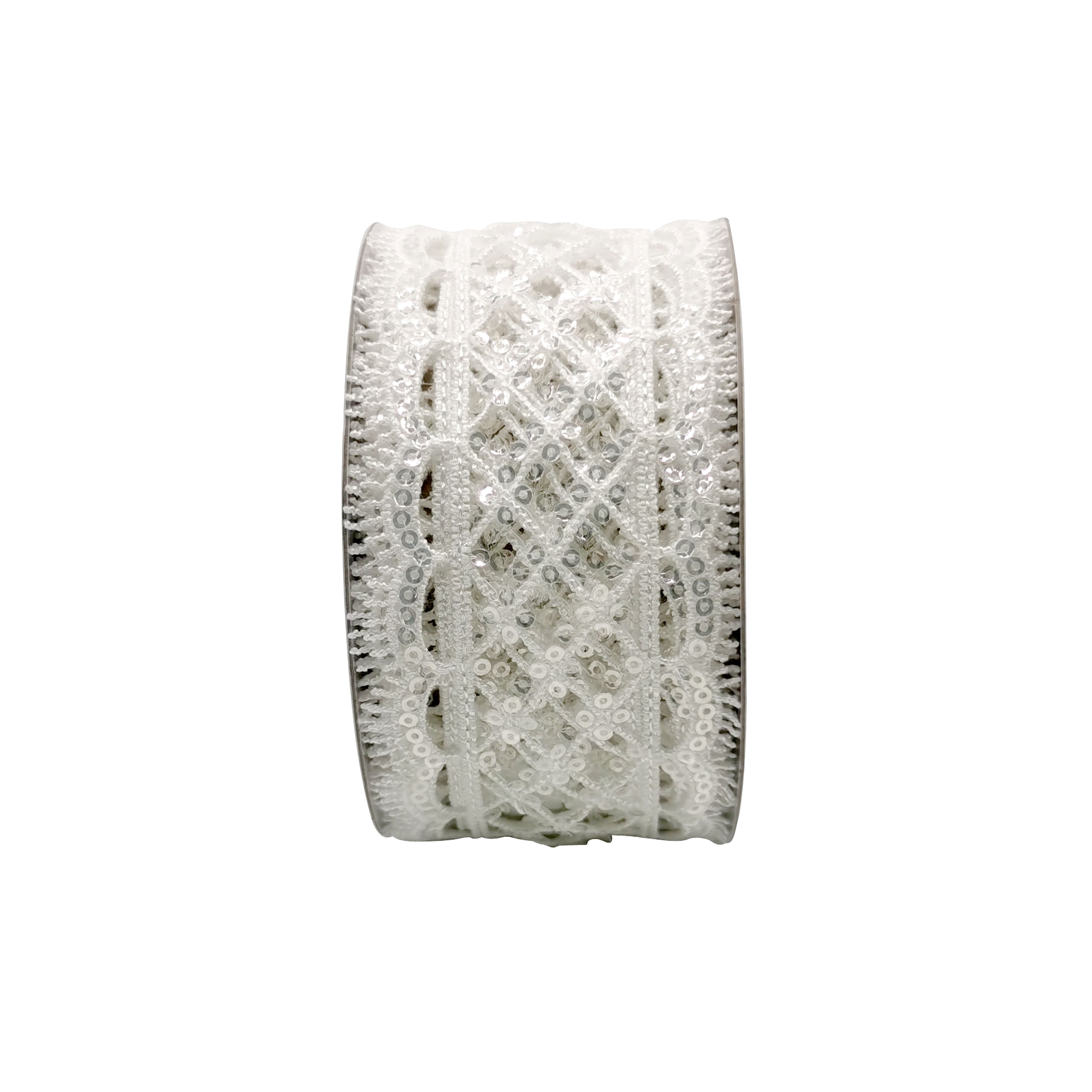 1.75" x 2yd. White Lace Sequined Ribbon by Celebrate It – Non-Wired Polyester - Ideal for Gift Wrapping - Baskets & Decor Accents - 12 Pack