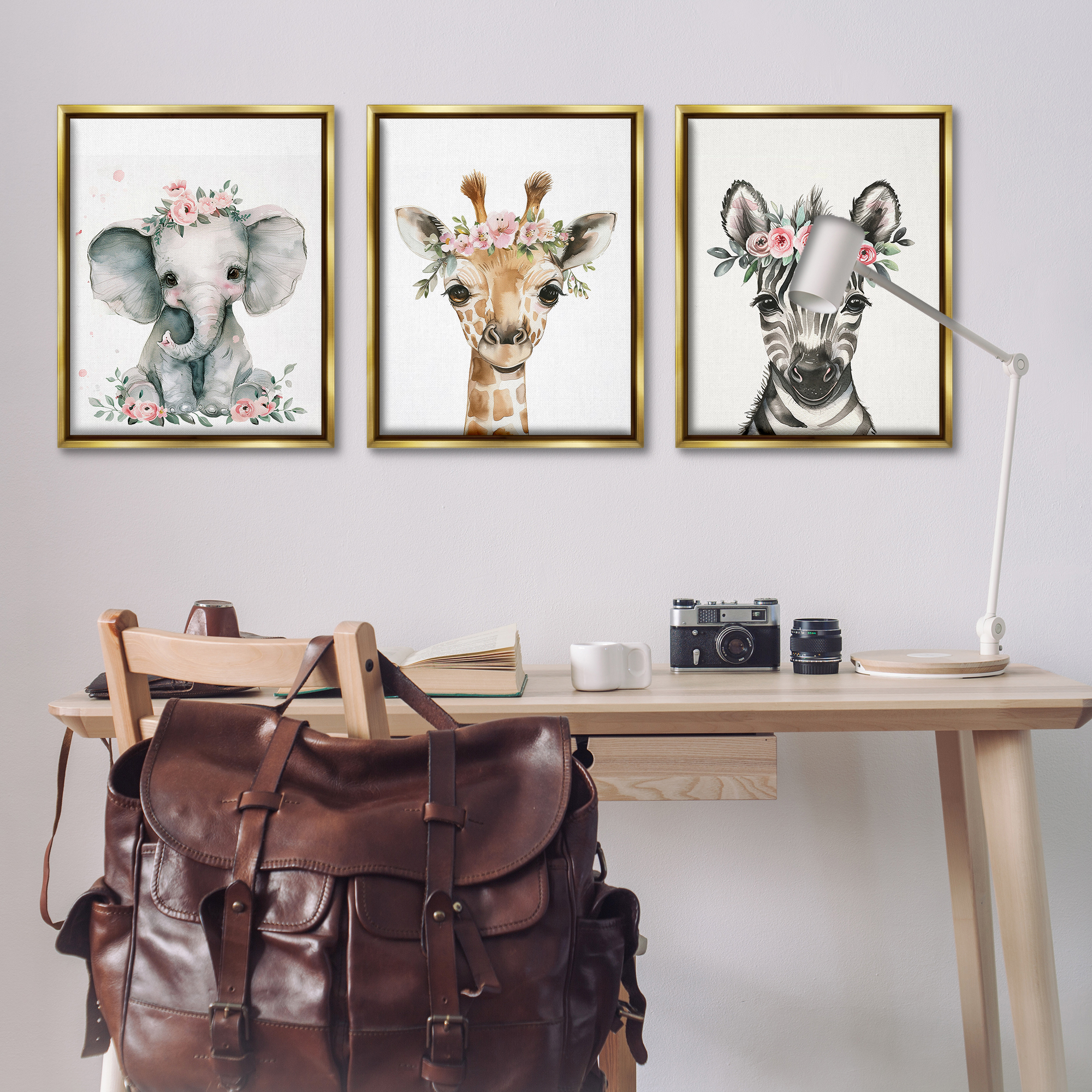 Stupell Industries Pink Rose Jungle Animals Animals Painting Gold Floater Framed Canvas Art Print Wall Art, 25 x 31, Set of 3