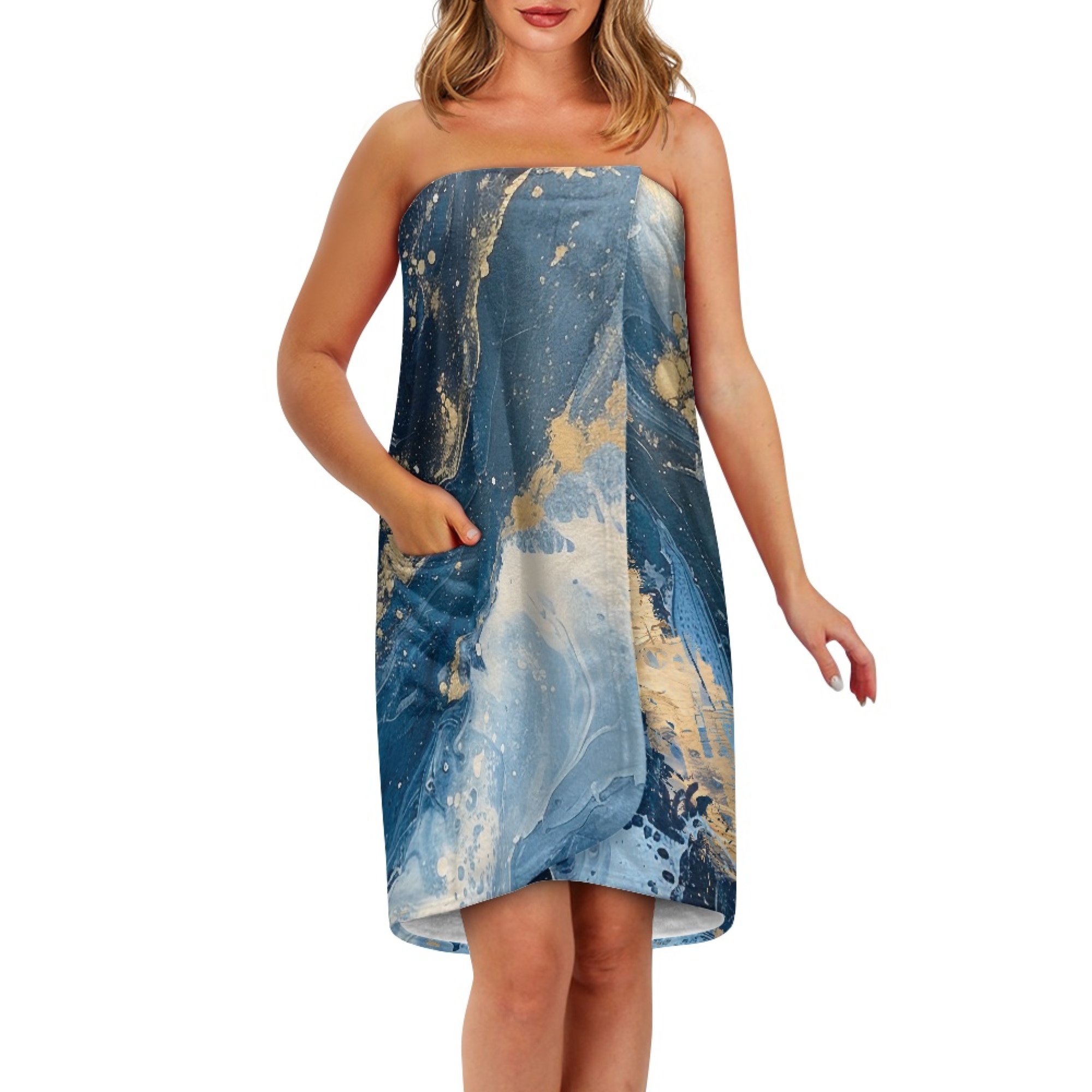 Yuyamidu Blue Marble Print Shower Wrap Towel for Women Size L Quick Dry Bath Wrap for Bath Spa Comfortable Towel Wrap for Bathroom Terry Cloth Bath Towels with Pocket
