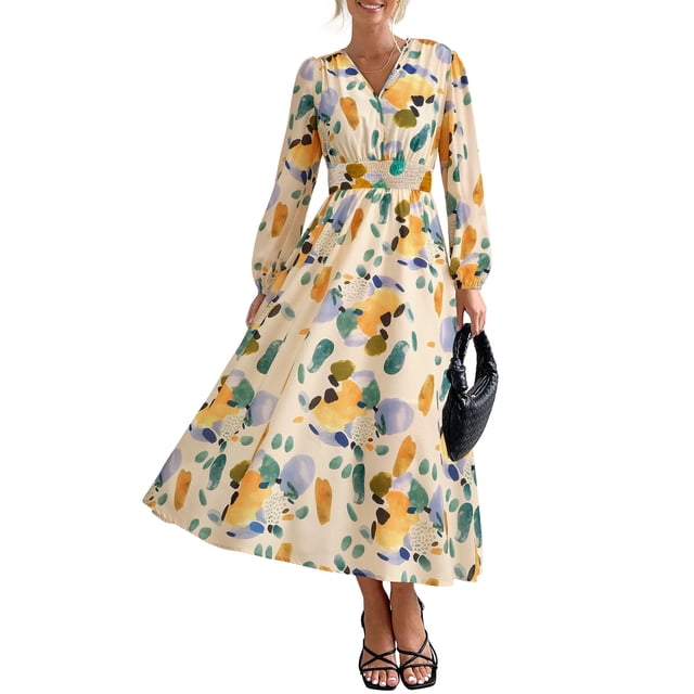 Vestido PRETTYGARDEN Floral Cuello en V Manga Larga Midi Verde Talle S